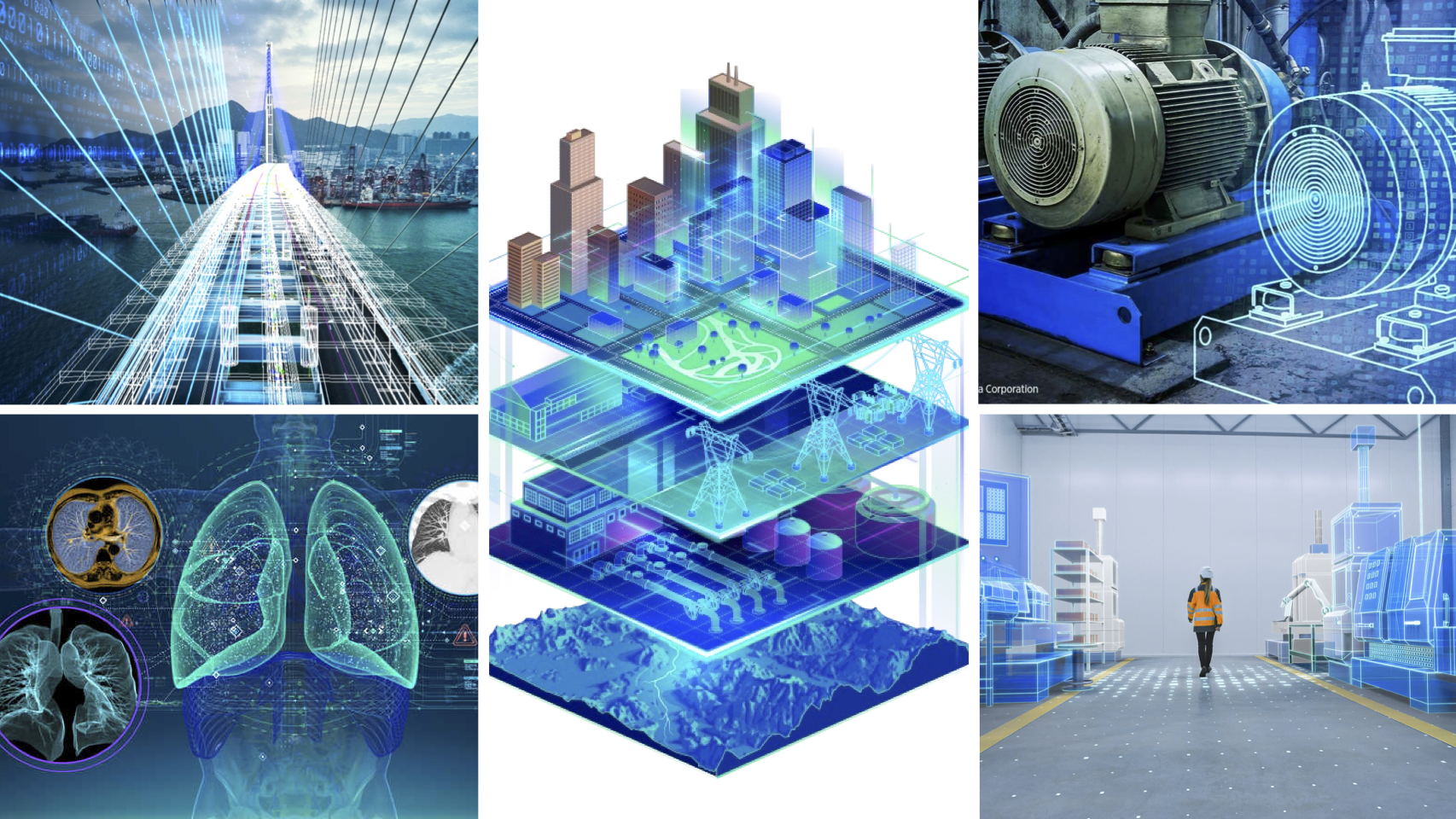 A picture of 5 different applications of digital twins (bridge, heart, machine, city, factory)