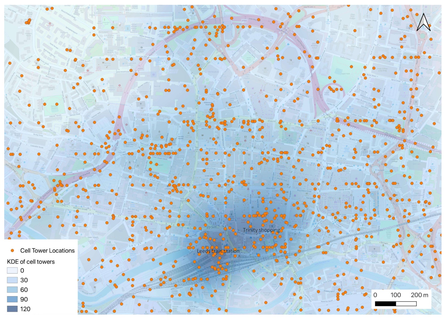 Map showing lots of cell tower locations in Leeds