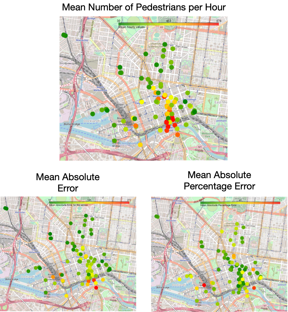 Map of absolute footfall and model predictions