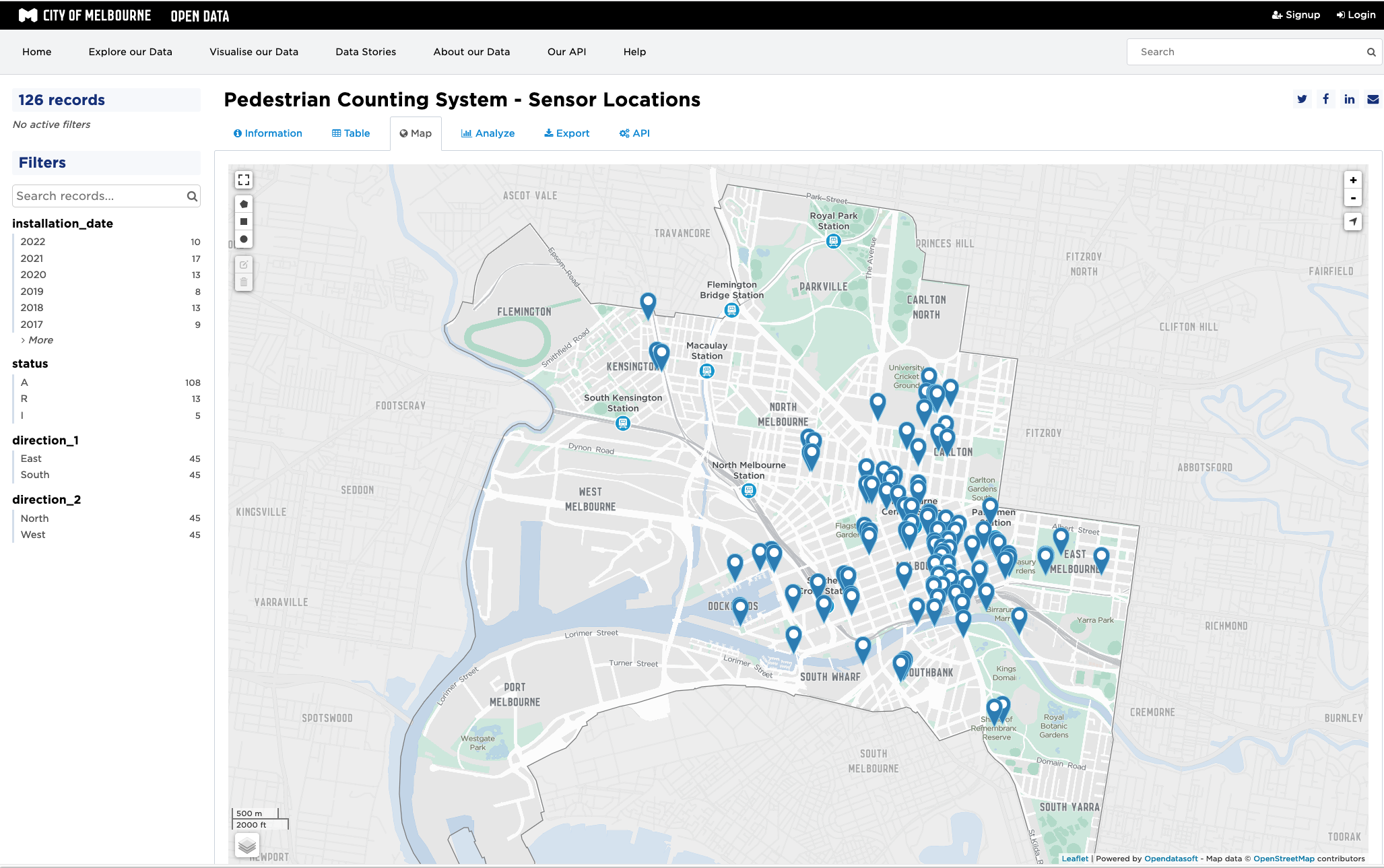 Locations of population counters in Melbourne, Australia